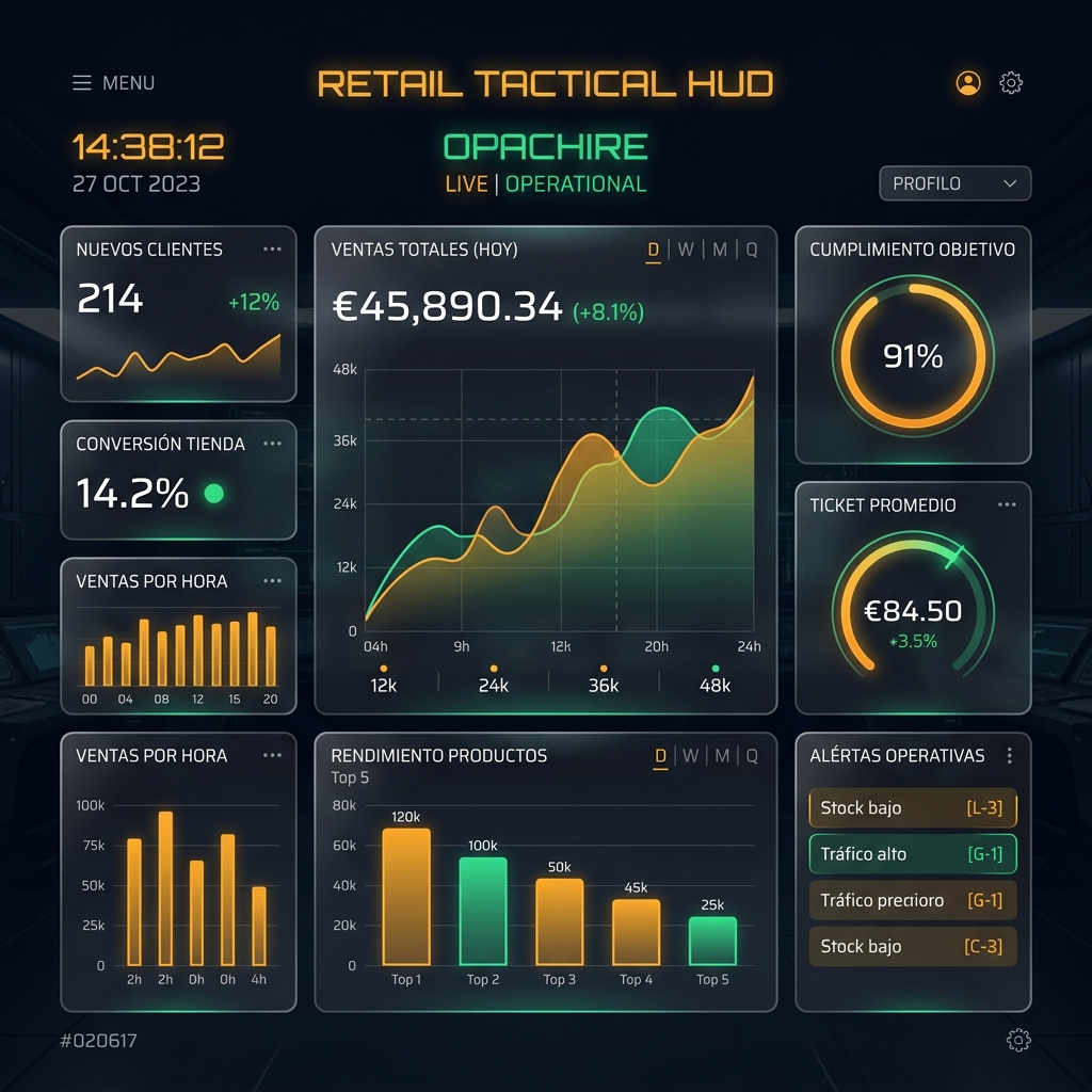 Analytics HUD: Gráficos interactivos y KPIs en tiempo real para la toma de decisiones.