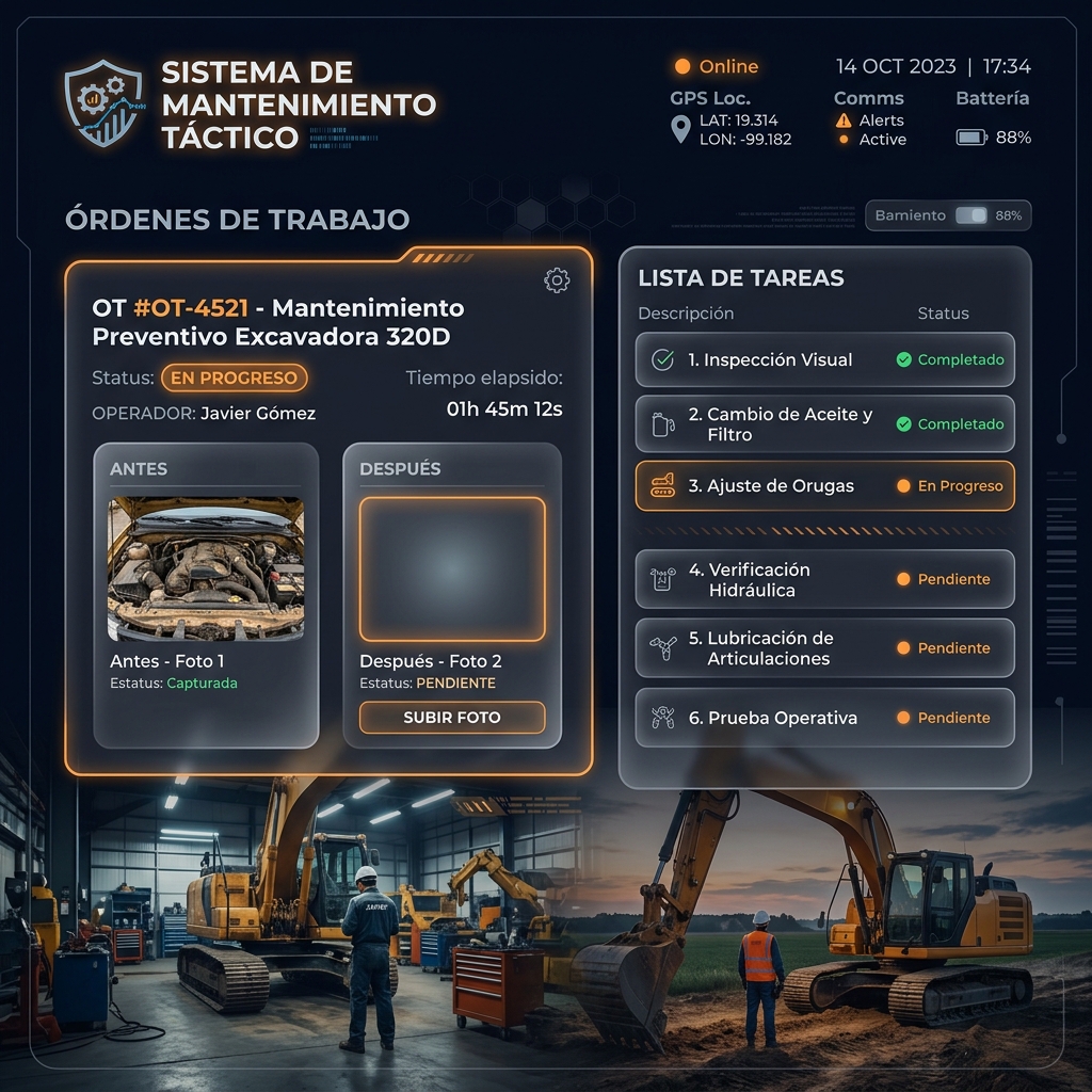 Logística y OT: Gestión de mantenimiento y servicios de campo con evidencia fotográfica.